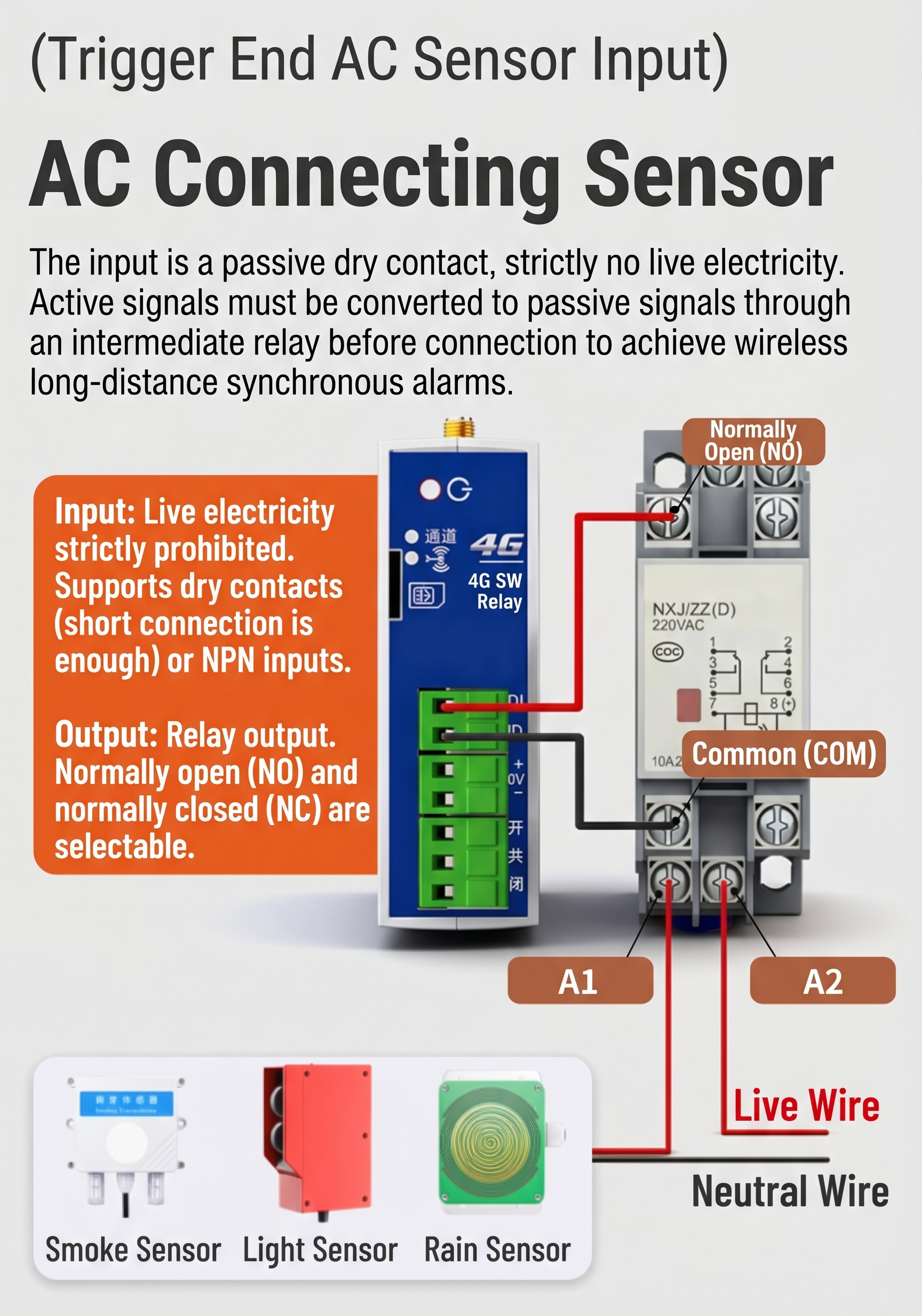 AC 220V Sensor Input Interfacing via Intermediate Relay with COM/Live/Neutral Wiring