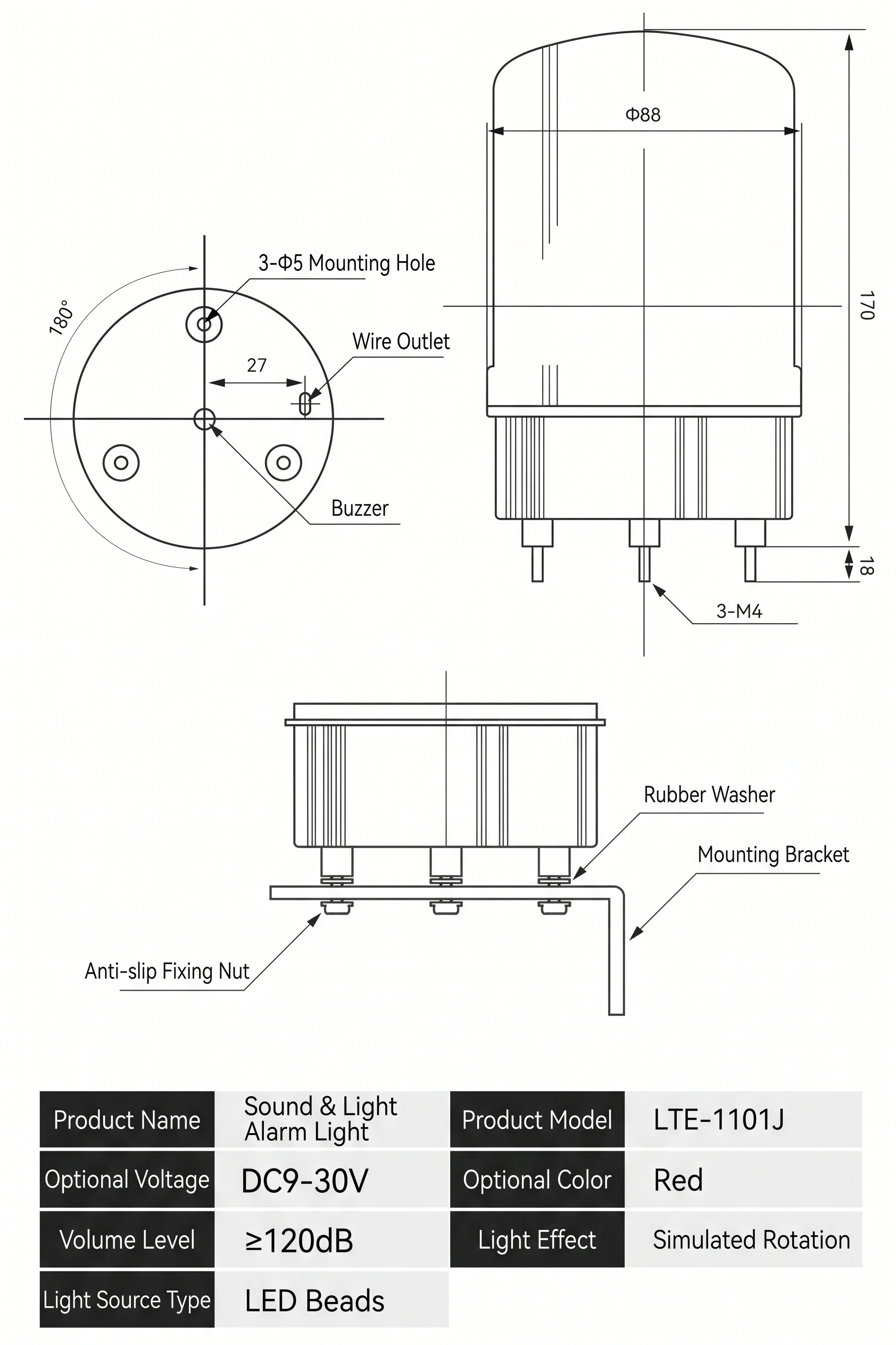 LTE-1101J Sound & Light Strobe Siren Mechanical Dimensions (170mm Height, Φ88mm Diameter)