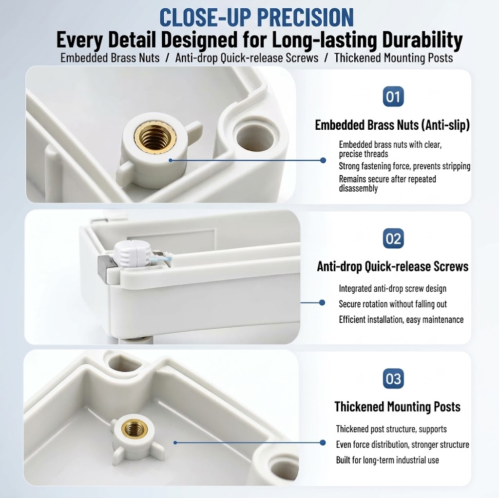 Micro Precision Engineering Details - Embedded Brass Nut Inserts and Anti-Drop Fasteners
