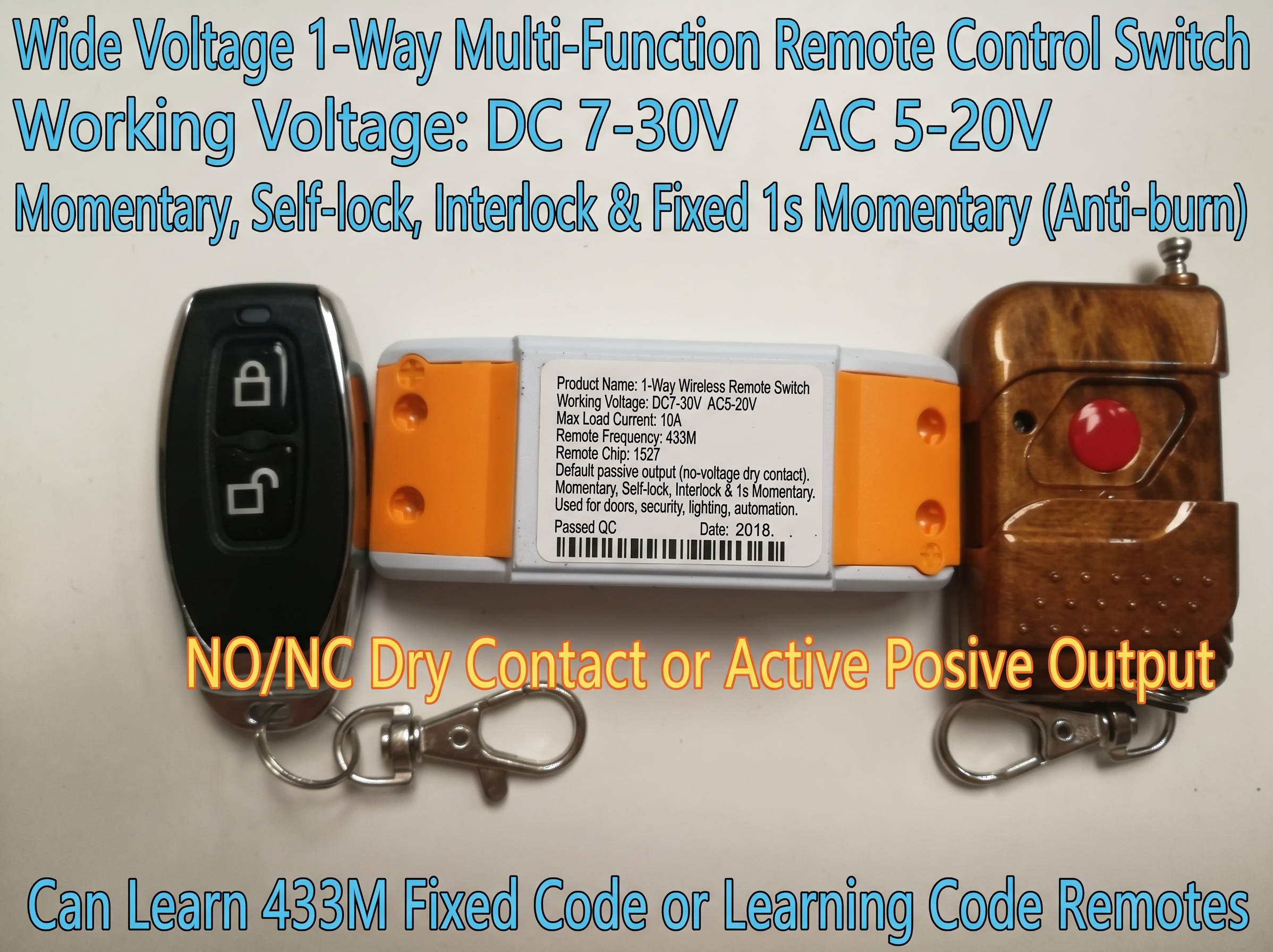 Wide Voltage 1-Way Multi-Function Remote Control Switch Specifications and Operating Modes